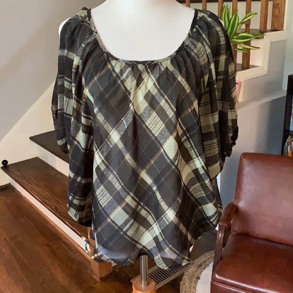 Sheer Black & Cream Open Shoulder Blouse